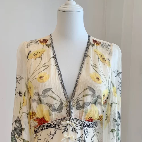 2024 New V neck Heavy Nail Beaded Green Flower Print Women s 100 Silk Dress Multi 1