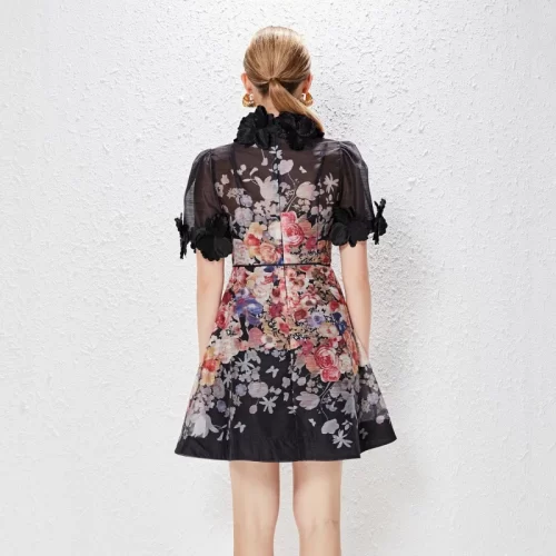 Brand Women Spring Summer 2024 Standing Collar Vacation Vintage 3D Flower Lace Up A Line Print 1