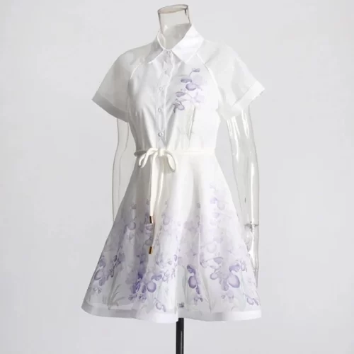 Elegant Style A Line Skirt for Women 2024 Short Sleeved Round Neck Small Clear Fresh Print 4