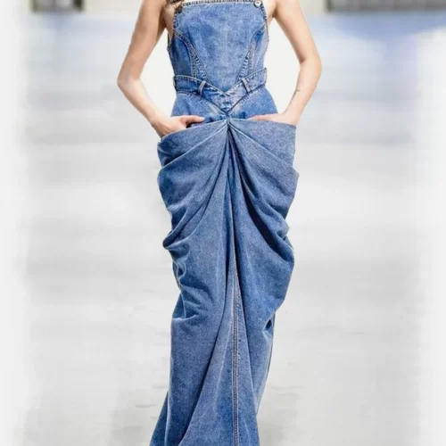 Fashion Buckle Sleeveless Ruched Design Denim Maxi Dress Vintage Elegant Bodycon Party Casual Straight Dress for 1