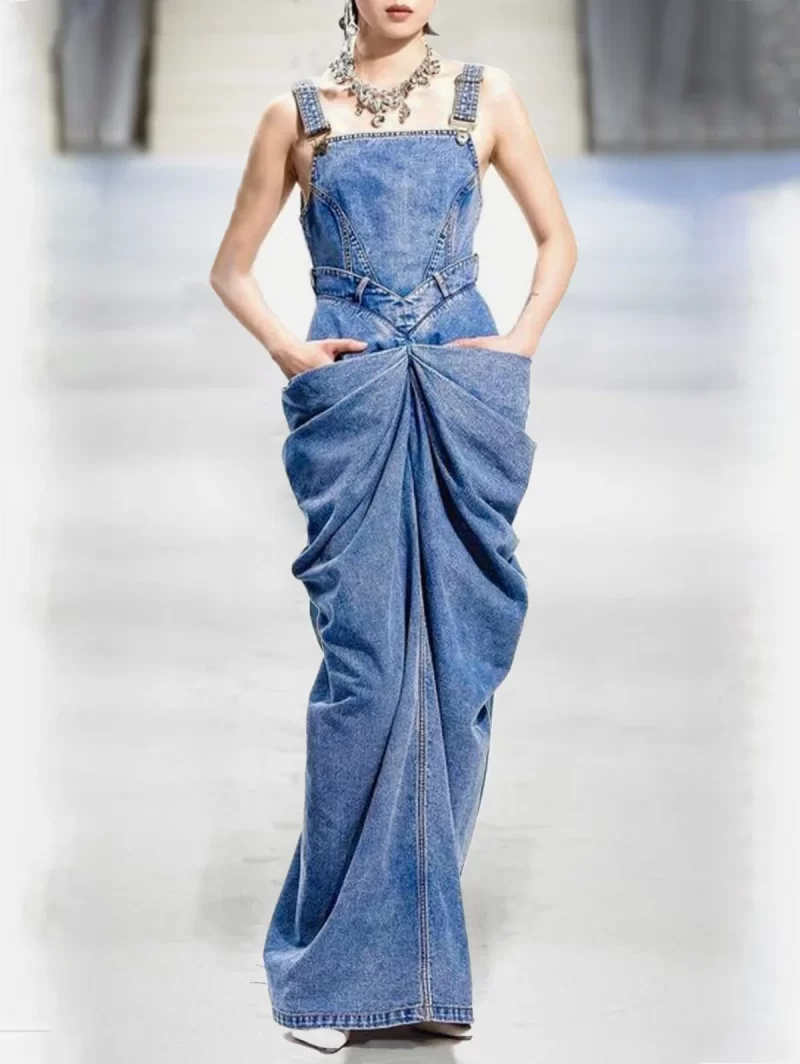 Fashion Buckle Sleeveless Ruched Design Denim Maxi Dress Vintage Elegant Bodycon Party Casual Straight Dress for 1