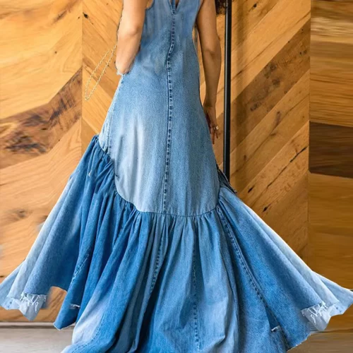 PLUS SIZE Fashion Denim Long Dress Sexy Women Bow Halter Swing Sundress Holiday Sleeveless Robe Casual 1
