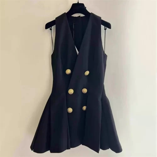 y2k summer new women s V neck metal double breasted sleeveless dress 2024 high quality fashion 4